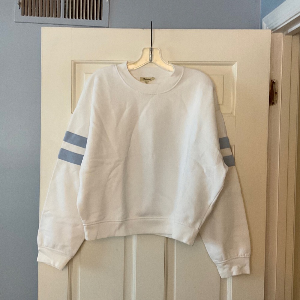 Madewell Crewneck Varsity Sweatshirt True White Blue Stripe NY284 Womens M NWT